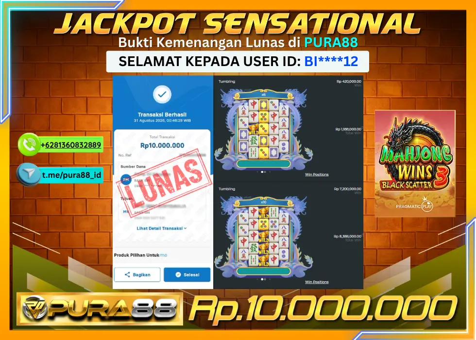 PURA88 JACKPOT MAHJONG WINS 3 BLACK SCATTER Rp 10.000.000,- LUNAS